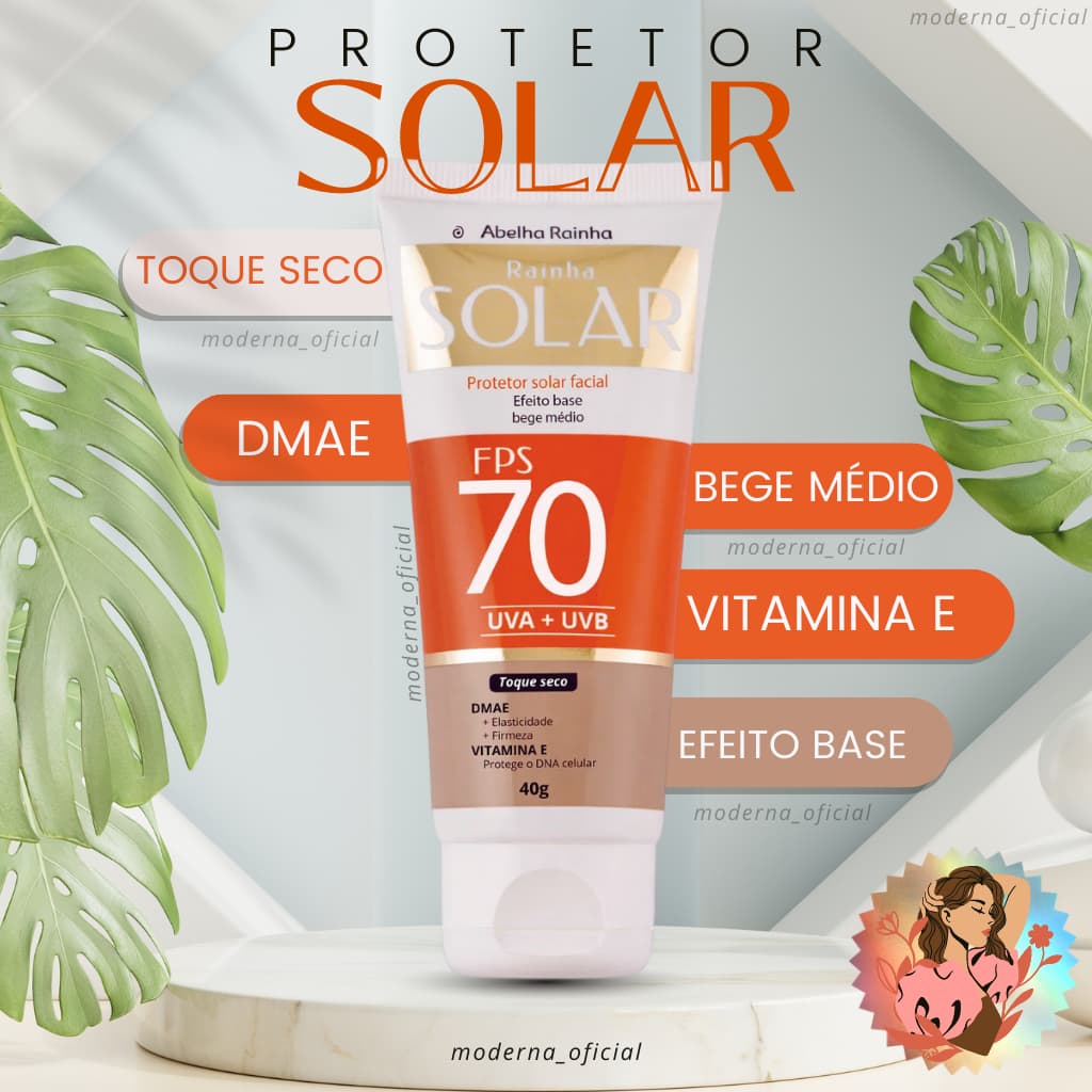 Protetor Solar Facial Cor De Base Bege Médio FPS 70 com Vitamina E e DMAE Abelha Rainha Rainha Solar 40g