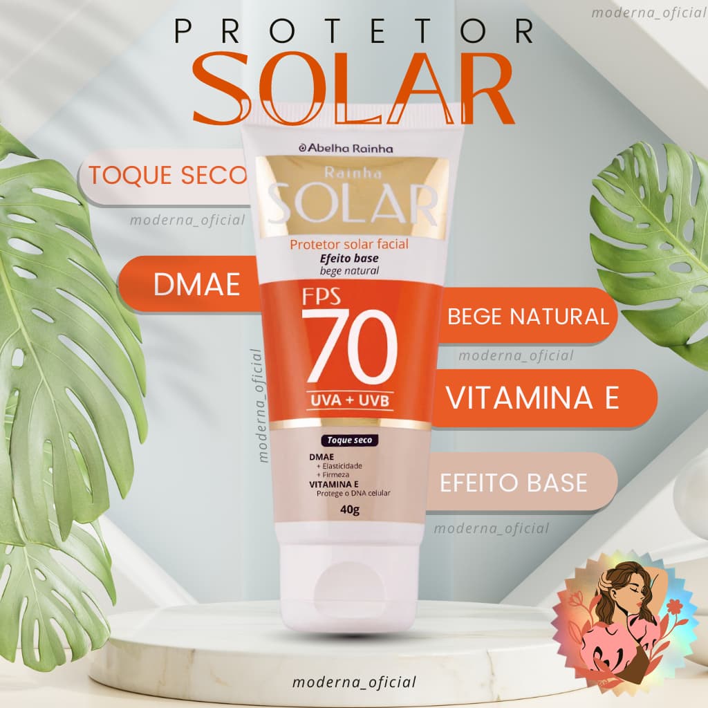 Protetor Solar Facial Cor De Base Bege Natural FPS 70 com Vitamina E e DMAE Abelha Rainha Rainha Solar 40g