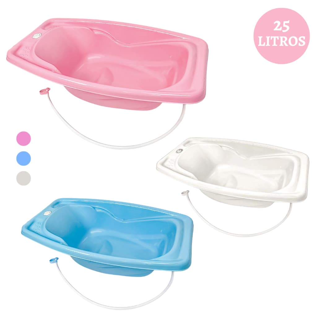 BANHEIRA PARA BEBÊ 25 LITROS COM VÁLVULA DE ESCOAMENTO ROSA AZUL BRANCA- CARINHO