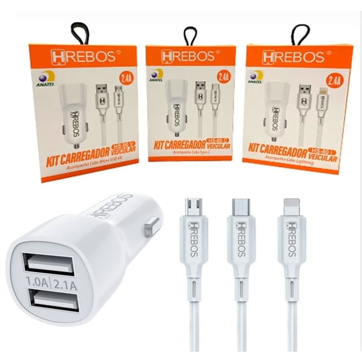 Carregador Veicular 2.4a 2 Saídas USB + Cabo Usb V8 / iPhone ou Tipo C Original