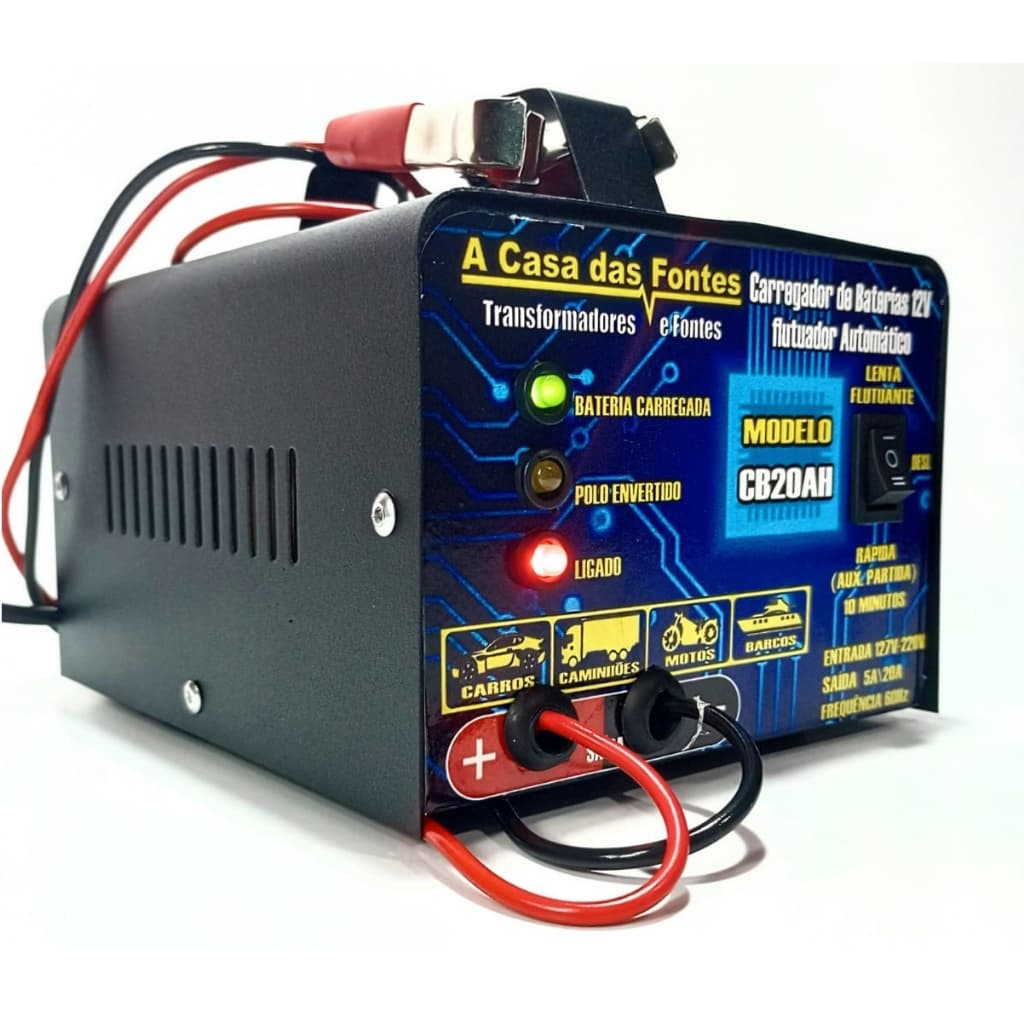 Carregador de bateria 12v 20ah para carro , moto, barco e caminhão.