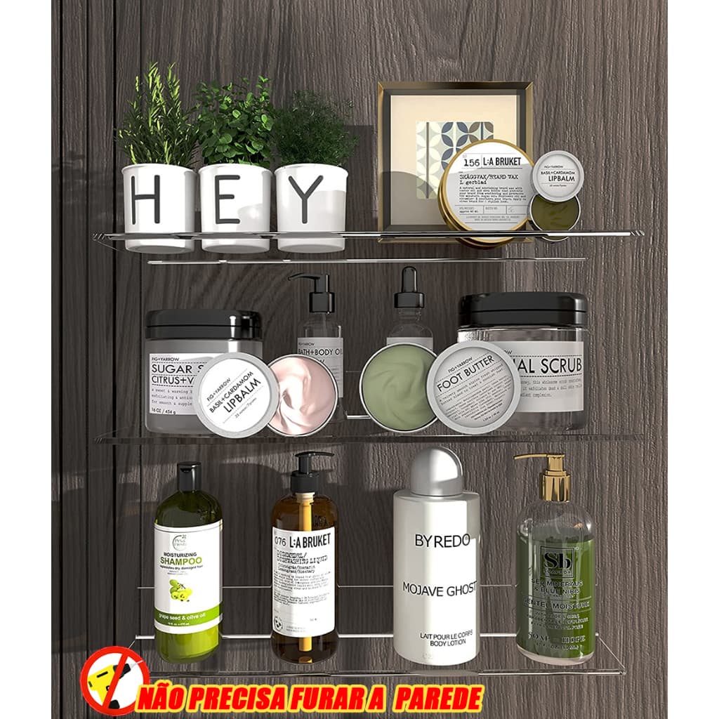 Trio Prateleiras Flutuante de Acrilico Transparente parede sem furos com suporte nicho decoração sala quarto