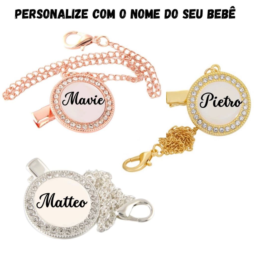Prendedor personalizado com o nome do seu bebê para chupeta