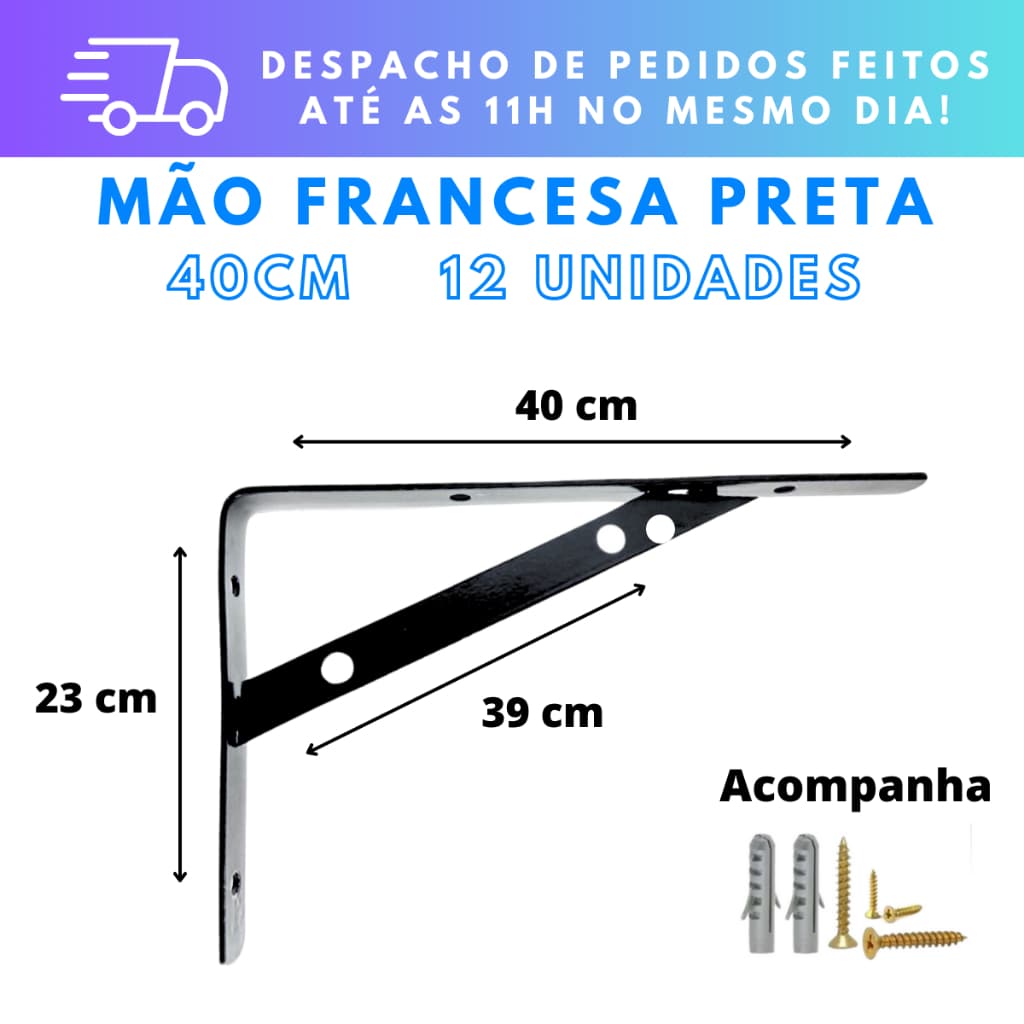 Kit 12 Mão Francesa Preta 40cm Aço Reforçado Suporte Prateleira Parede Monta 6 Prateleiras com Parafusos e Buchas