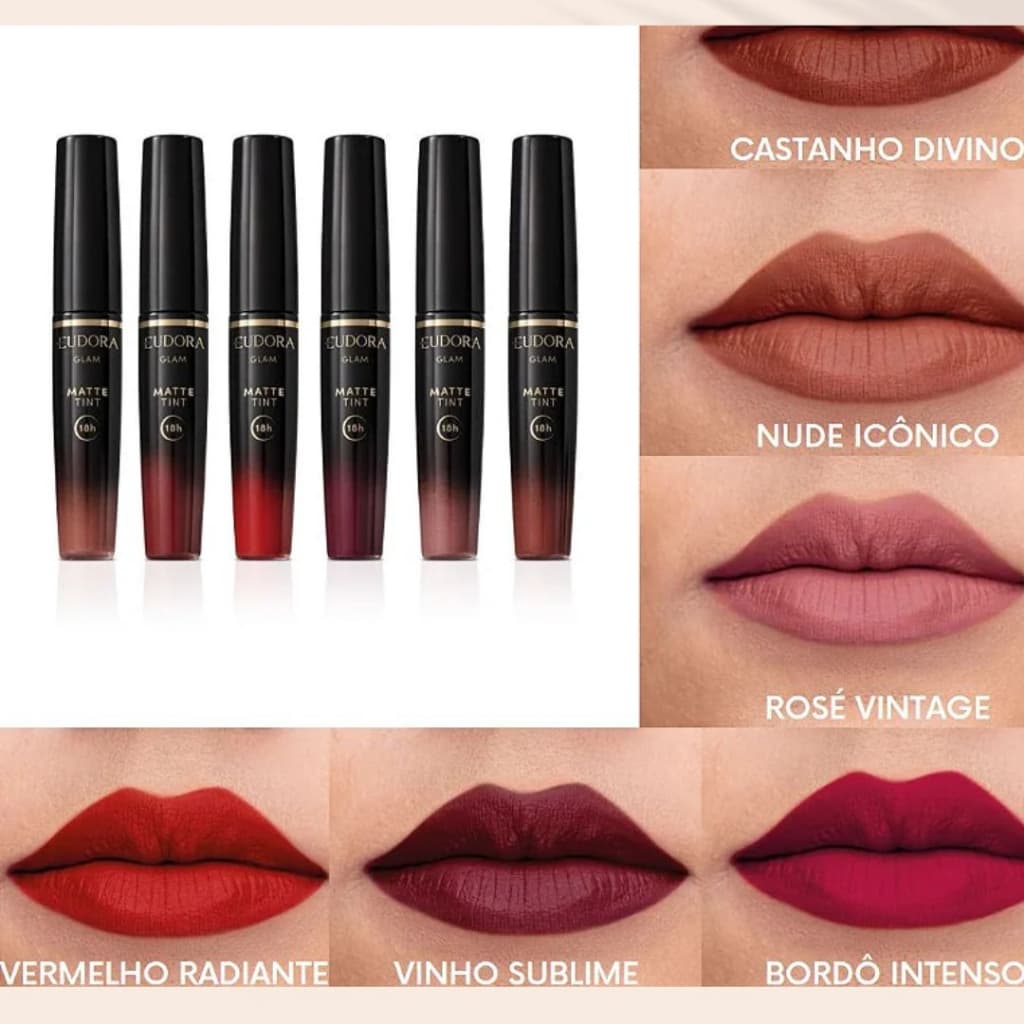 BATOM ALTA DURAÇÃO  E FIXAÇÃO MATTE  TINT GLAM EUDORA LÍQUIDO