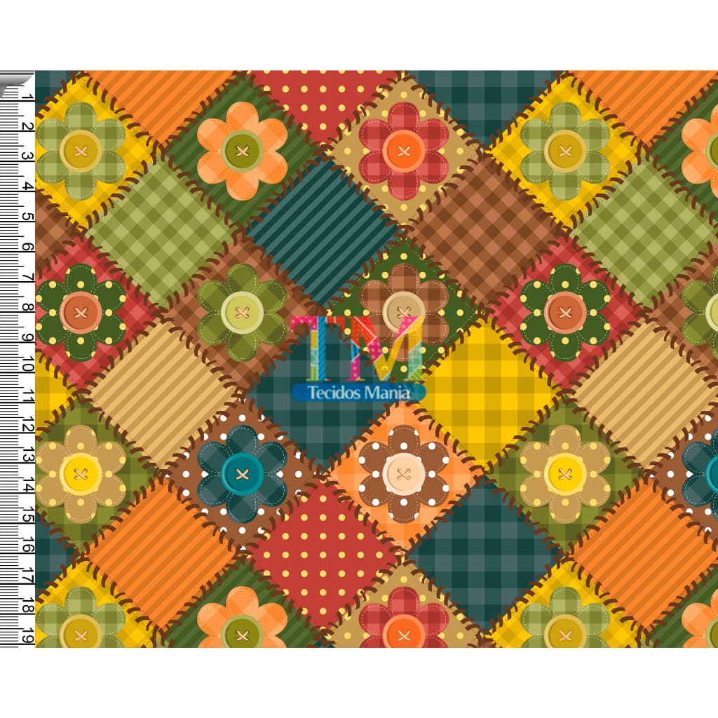 Tecido tricoline, microfibra ou gabardine estampado - Patchwork - Flores e botão - 0.50CM