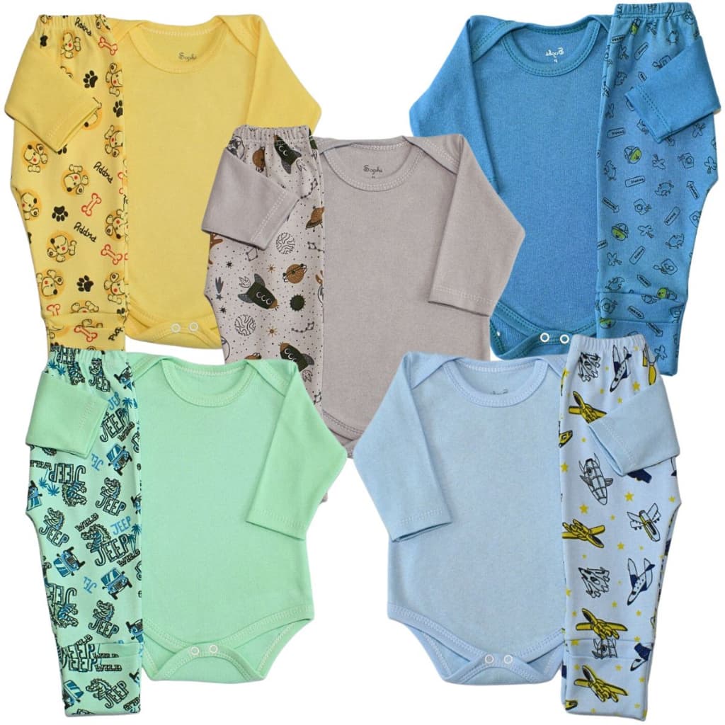 Kit 4 peças 2 Body e 2 Mijão vira Pé estampado Suedine Bebê Menino Menina Enxoval Bebe