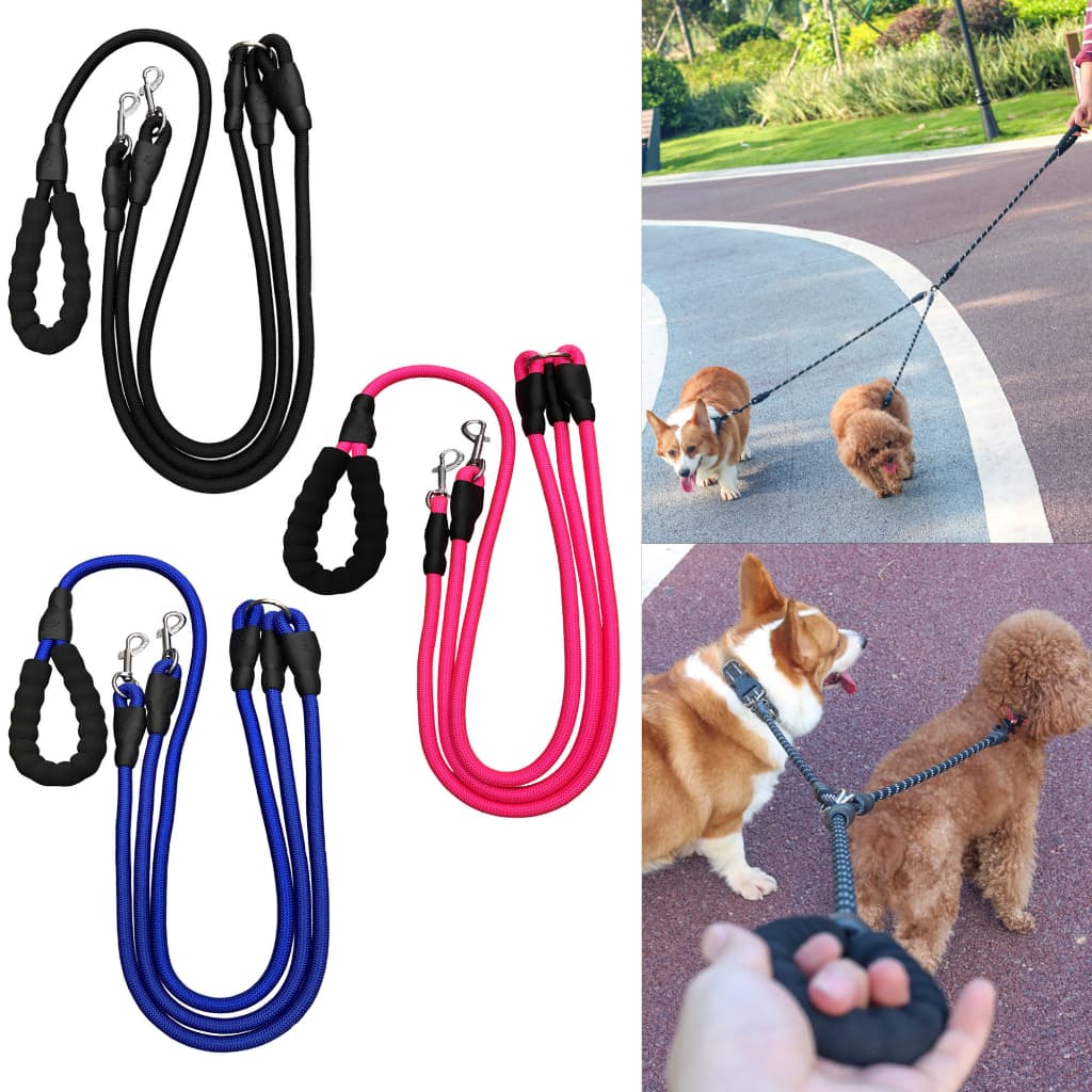 Coleira Guia de Corda Dupla 2 em 1 Resistente para Passeio Cão Grande Médio Pequeno Porte Cachorro LR-0183