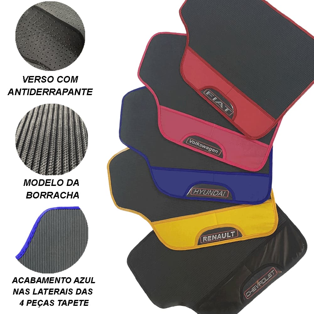 jogo Tapete Automotivo carro Emborrachado Azul Amarelo Vermelho Rosa Preto 4 Peças com nome Logo personalizado de Todas as Montadoras Personalize seu Carro com Elegância e Paixão pelo Mundo Automotivo