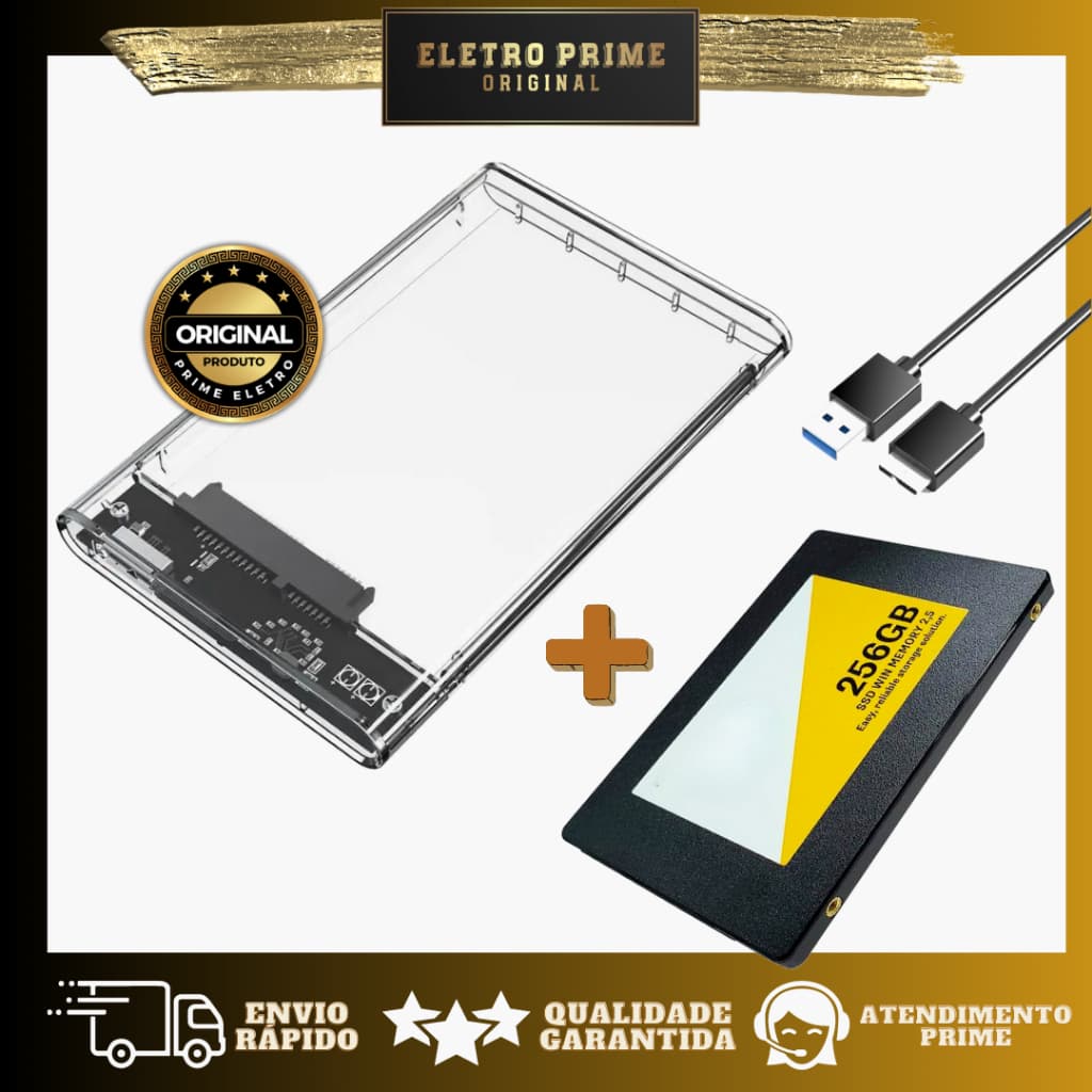 Kit Case externo crystal + ssd de 256GB Organização e Velocidade em um Só Pacote