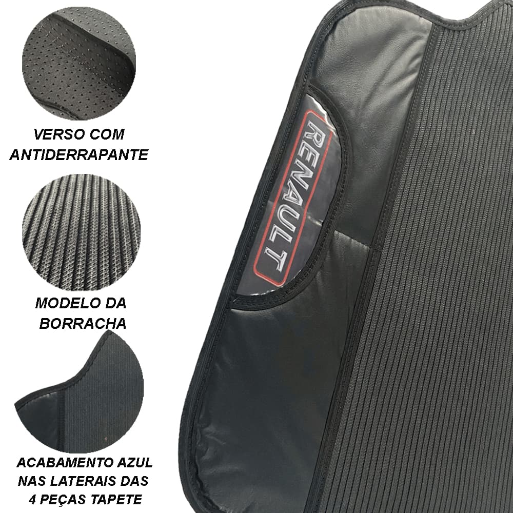 TAPETE DE CARRO AUTOMOTIVO UNIVERSAL EMBORRACHADO COMO NOME LOGO EMBLEMA RENAUL CLIO SENIC LOGAN FLUENCE SANDERO MEGANE TWINGO COM NOME DA MONTADORA NA LATERAL DO TAPETE MOTORISTA