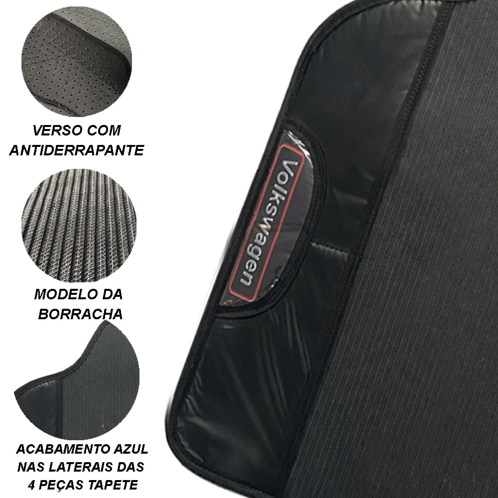 TAPETE DE CARRO AUTOMOTIVO UNIVERSAL EMBORRACHADO COMO NOME EMBLEMA LOGO PERSONALIZADO VOLKSWAGEN VW GOL PARATI VOYAGE SANTANA POLO VIRTUS FOX COM NOME DA MONTADORA NA LATERAL DO TAPETE MOTORISTA