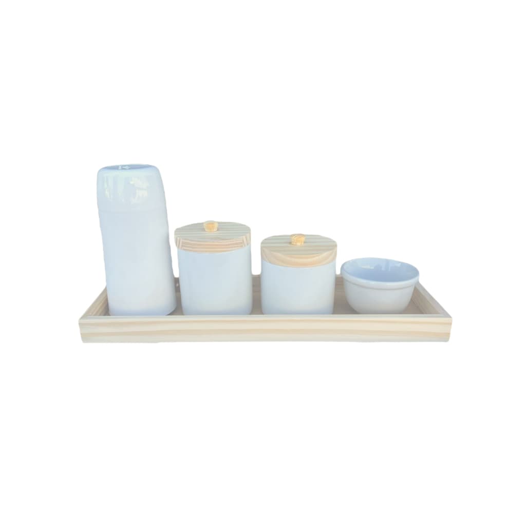 Kit Higiene Bebe Porcelana Branca Bandeja Pinus Fundo MDF Pote Puxador 5 Peças Decoração Quarto Bebê Enxoval Neutro