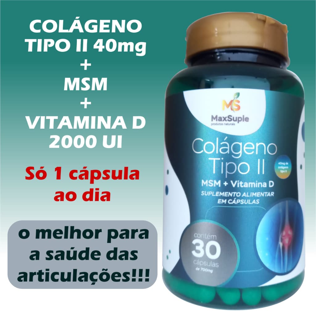 COLÁGENO TIPO II 40mg MSM E VITAMINA D 2000UI 30 CÁPSULAS MAXSUPLE