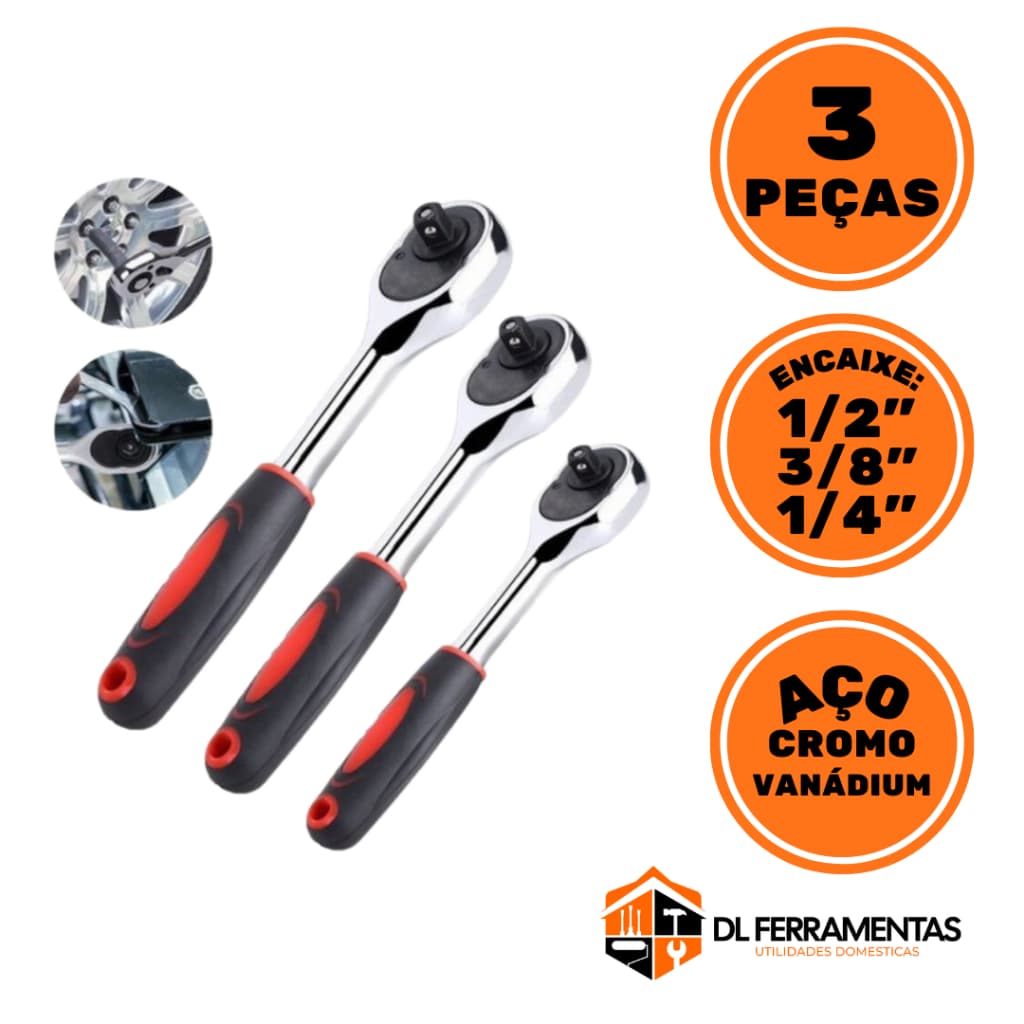 Chave Catraca Kit C/ 3 peças Para Soquete 1/2" 3/8" 1/4" Polegadas Anatômico