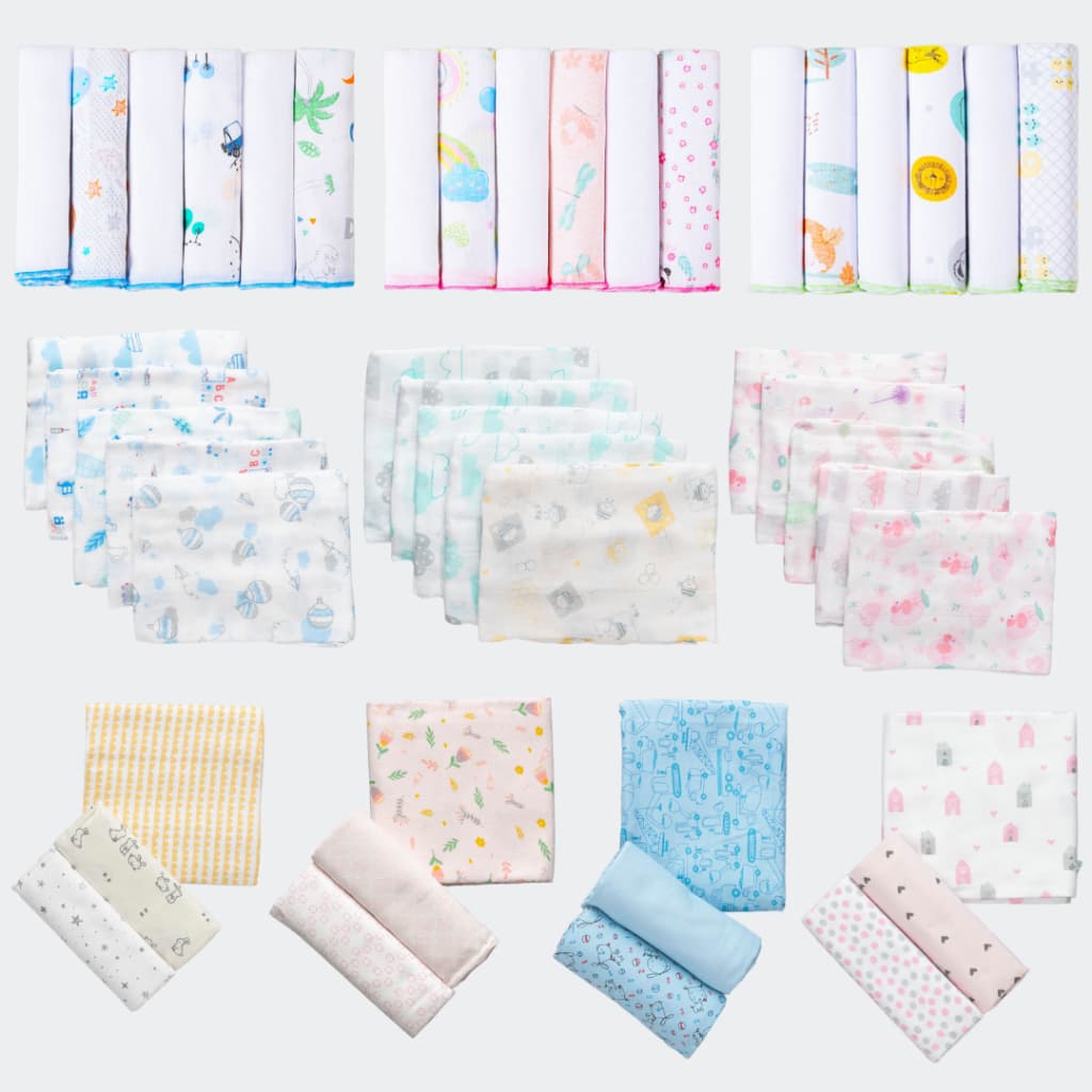 Kit Enxoval Bebê 14 Peças - 3 Cueiro Bebê Flanelado + 5 Fralda de pano 60x60cm + 6 Pano de Boca 100% algodão