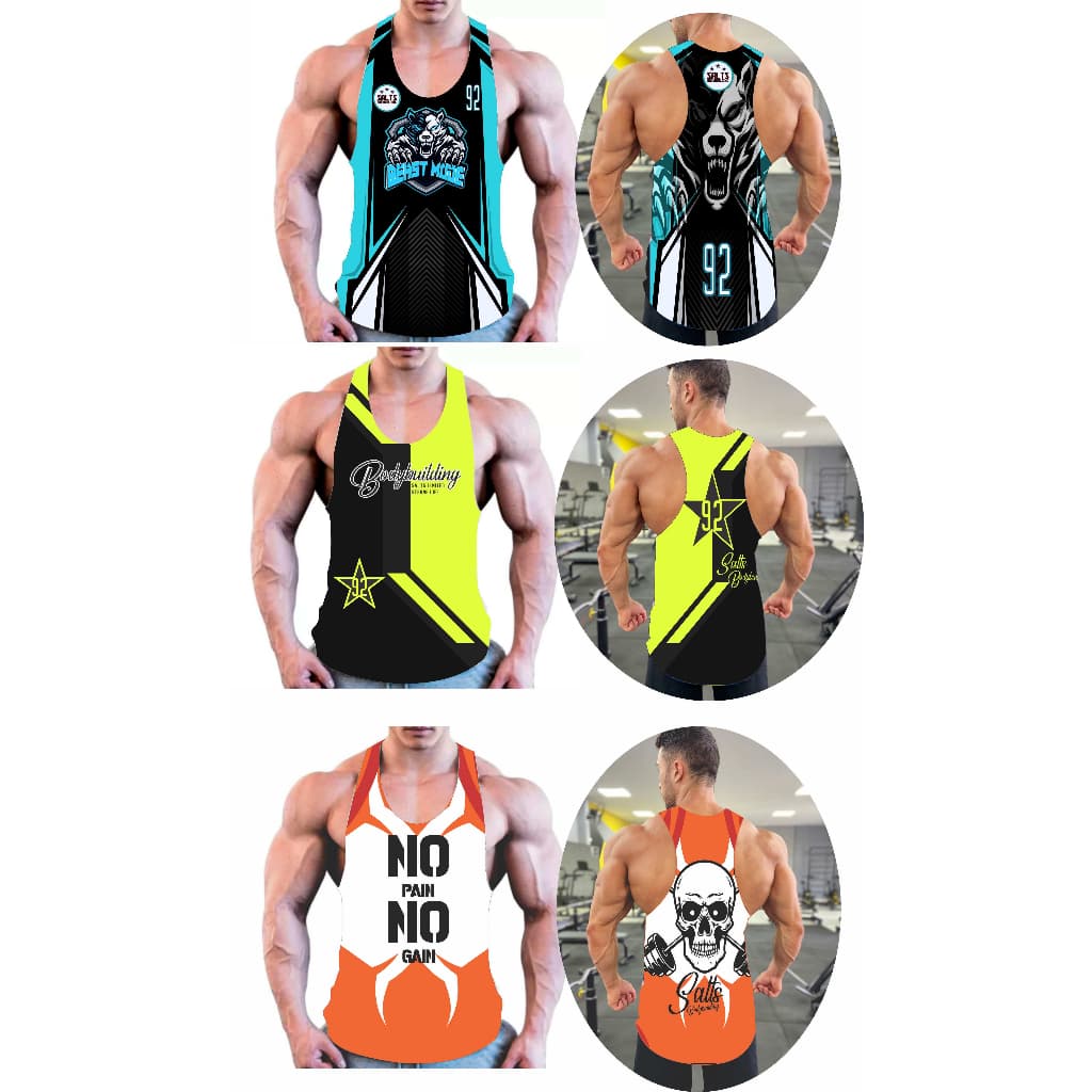 Kit regatas cavadas academia treino musculação masculina estampadas frente e costas