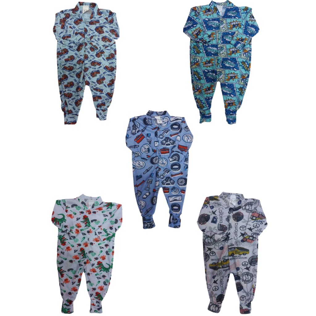 Kit com 3 Macacões Estampado com toque de suedine poliéster com vira pé enxoval roupas de bebê infantil Promoção