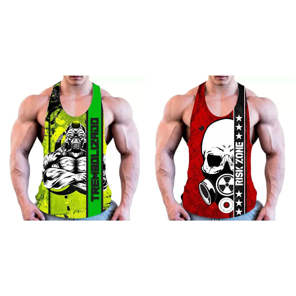 Kit 2 regatas cavadas academia treino musculação trembolizado e risk zone red