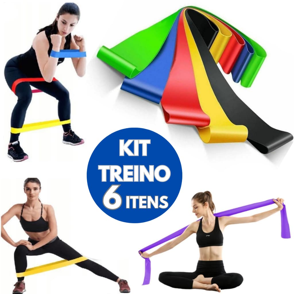 Kit Faixa Elástica Thera Band + 5 Elástico Treino Mini Band Exercícios de Resistência Yoga Pilates Fisioterapia Academia Musculação Treino Multifuncional Exercícios em Casa