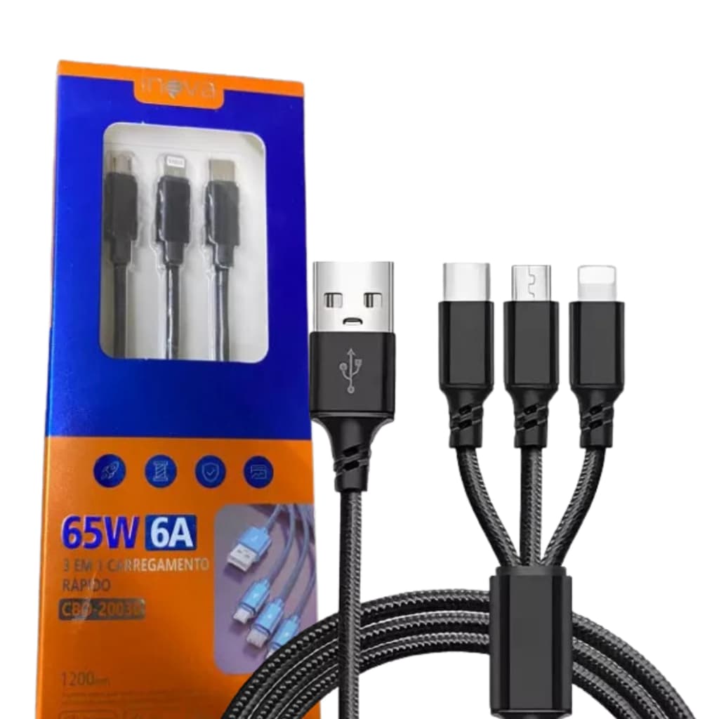 Cabo Usb 3 Em 1 Ultra Rápido Turbo Type-C, Lightning, V8 INOVA