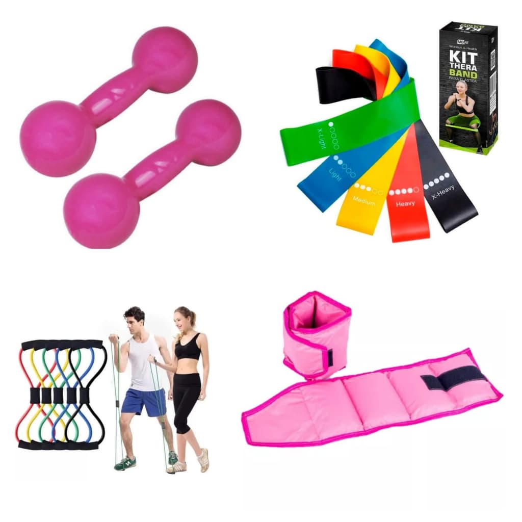 Kit Funcional Treino Fisioterapia Par Halter 2 kg + Par Caneleira 2 kg + Kit Miniband + Elástico Multifuncional