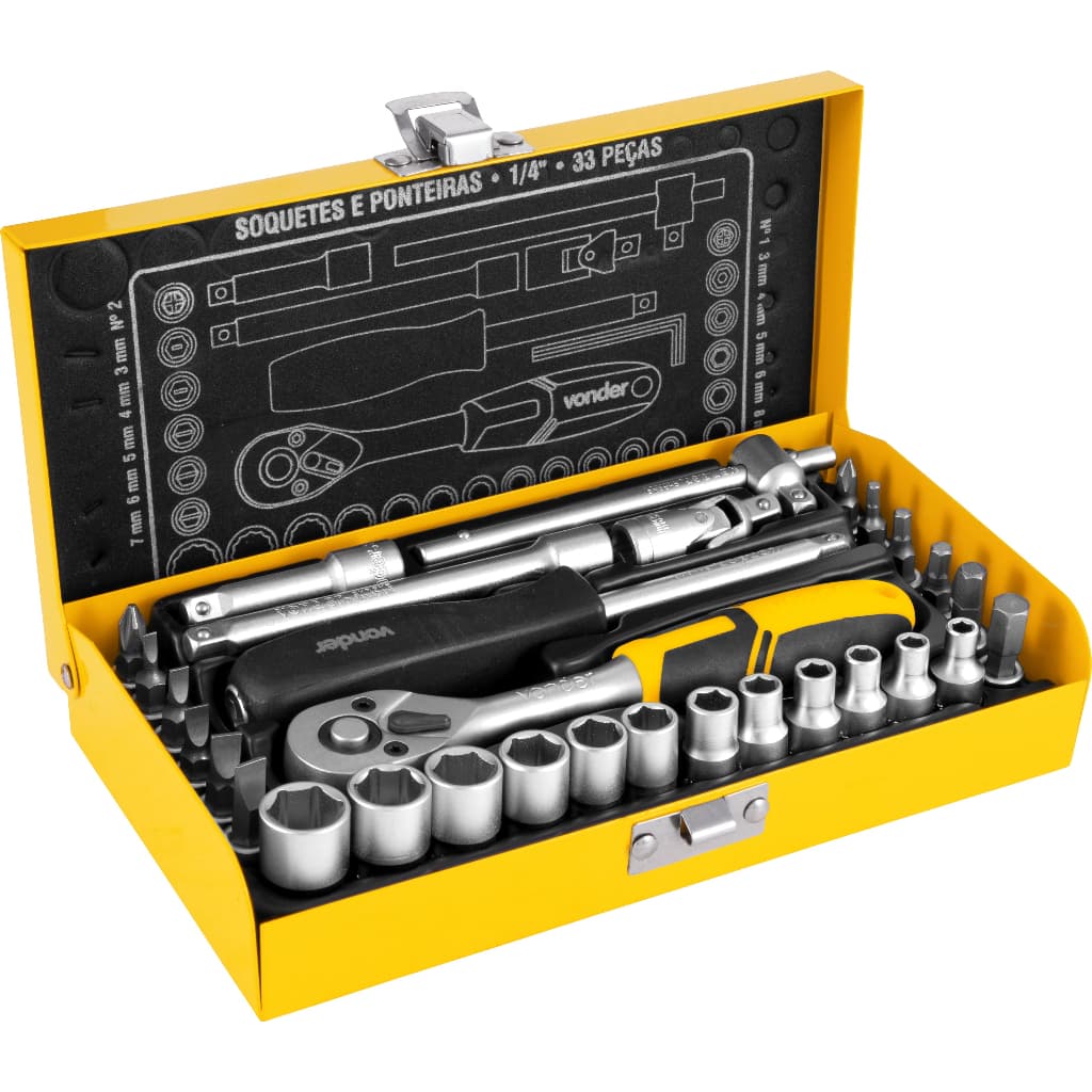 Jogo de Soquetes Sextavado Com Catraca 1/4" e 33 Peças + Maleta metálica - Vonder