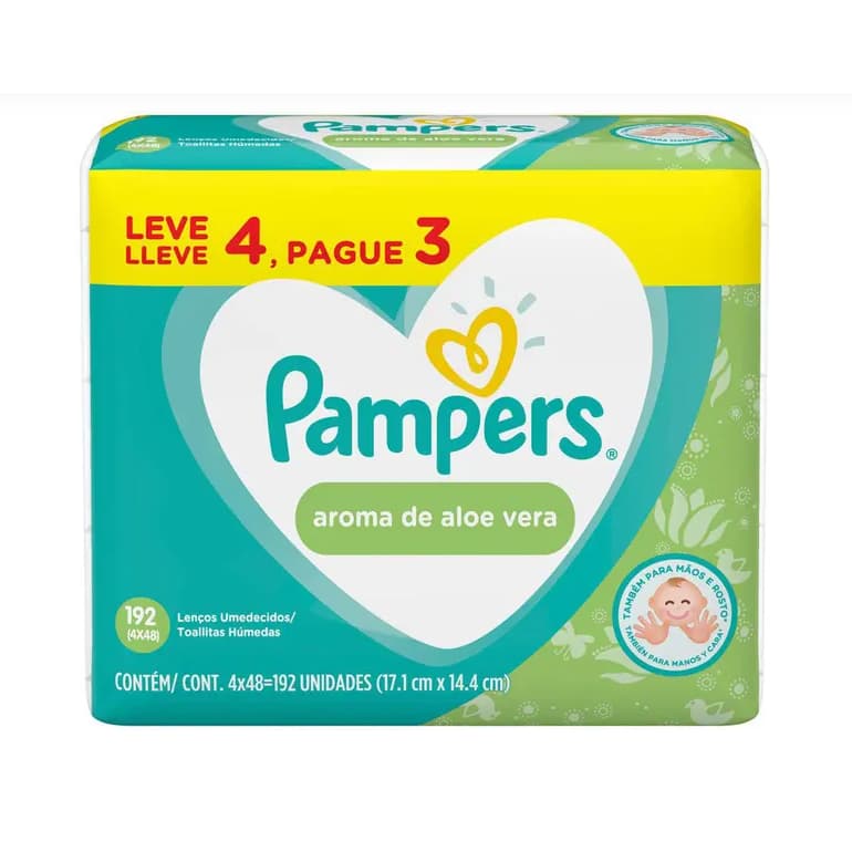 Kit Lenço Umedecido Pampers Aroma de Aloe Vera - 4 Pacotes com 48 Unidades Cada