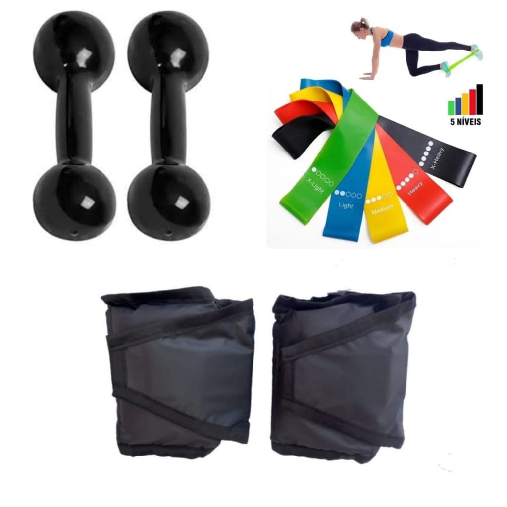 Kit Treino Academia Halter 1kg + Caneleira 2kg + Kit Theraband