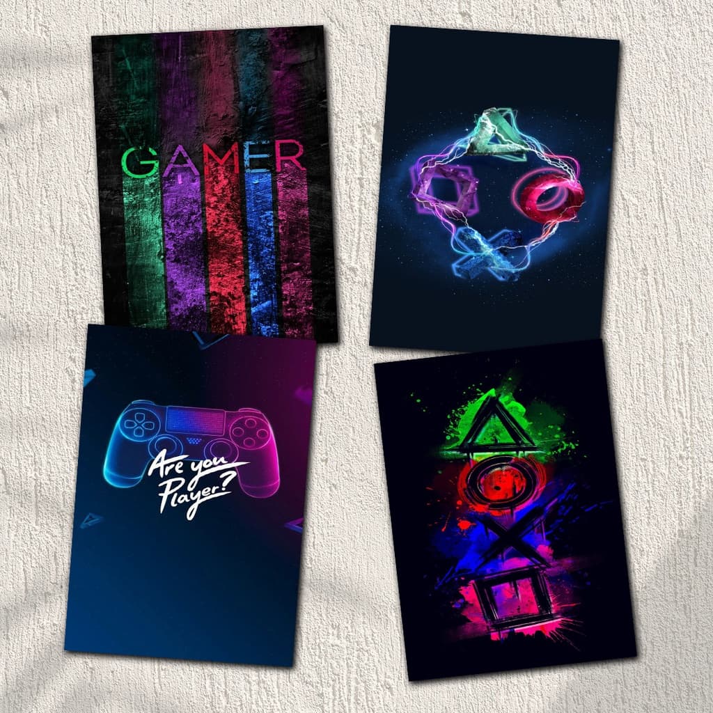 Kit Quadros Decorativos Mosaico 4 Peças Frase Gamer Playstation Controle Console Abstrato Aquarela Colorido Jogo Desenho Quarto Gamer Geek Videogame Modular