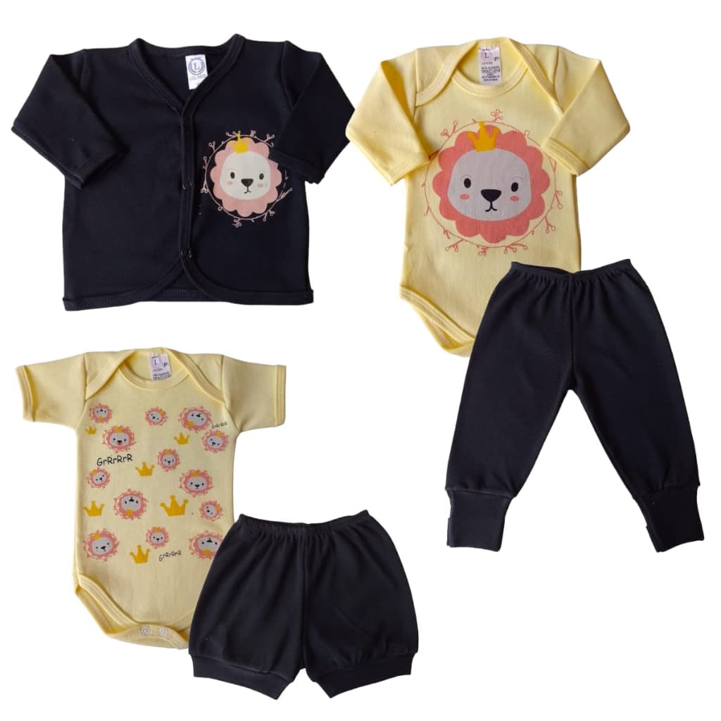 Kit 5 Peças Safari - Casaco + Body + Calça + Short Leão Safari Kit Completo Enxoval Bebe