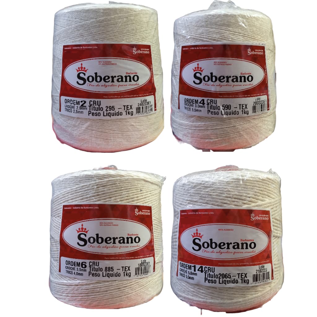 Barbante Cru Soberano Cone de 1 Kilo Fio Espessura N° 2, 3, 4, 6, 8, 10, 12 e 14 para Crochê, Tricô e Artesanato