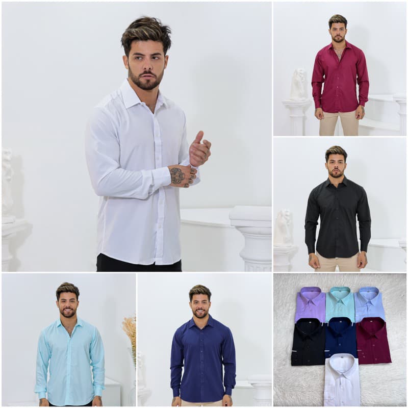 Camisa Social Masculino Lisa Com Elastano Slim Fit Microfibra Manga Longa Sem Bolso Feito Na China - Ester Social
