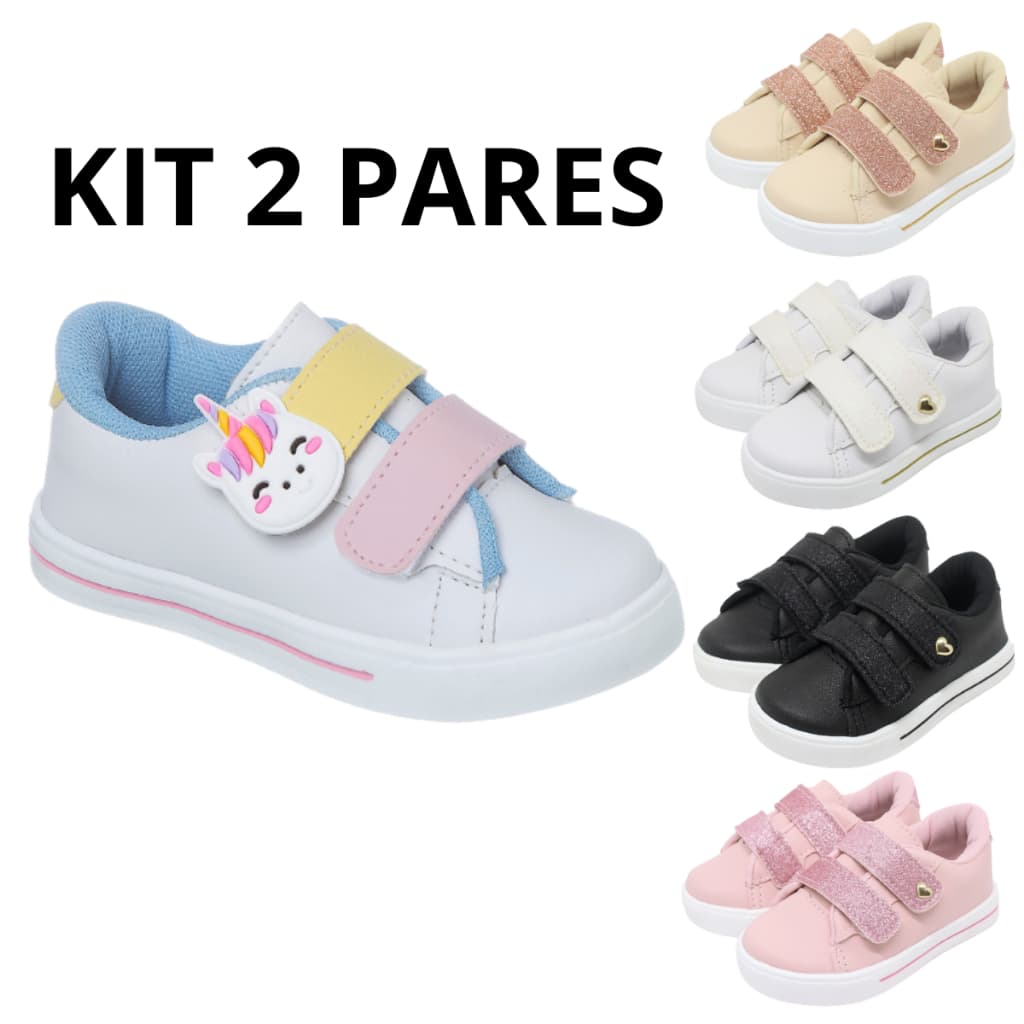 Kit 2 Pares Tênis Infantil Menina Brilho Glitter Unicórnio Estiloso Casual Confortável