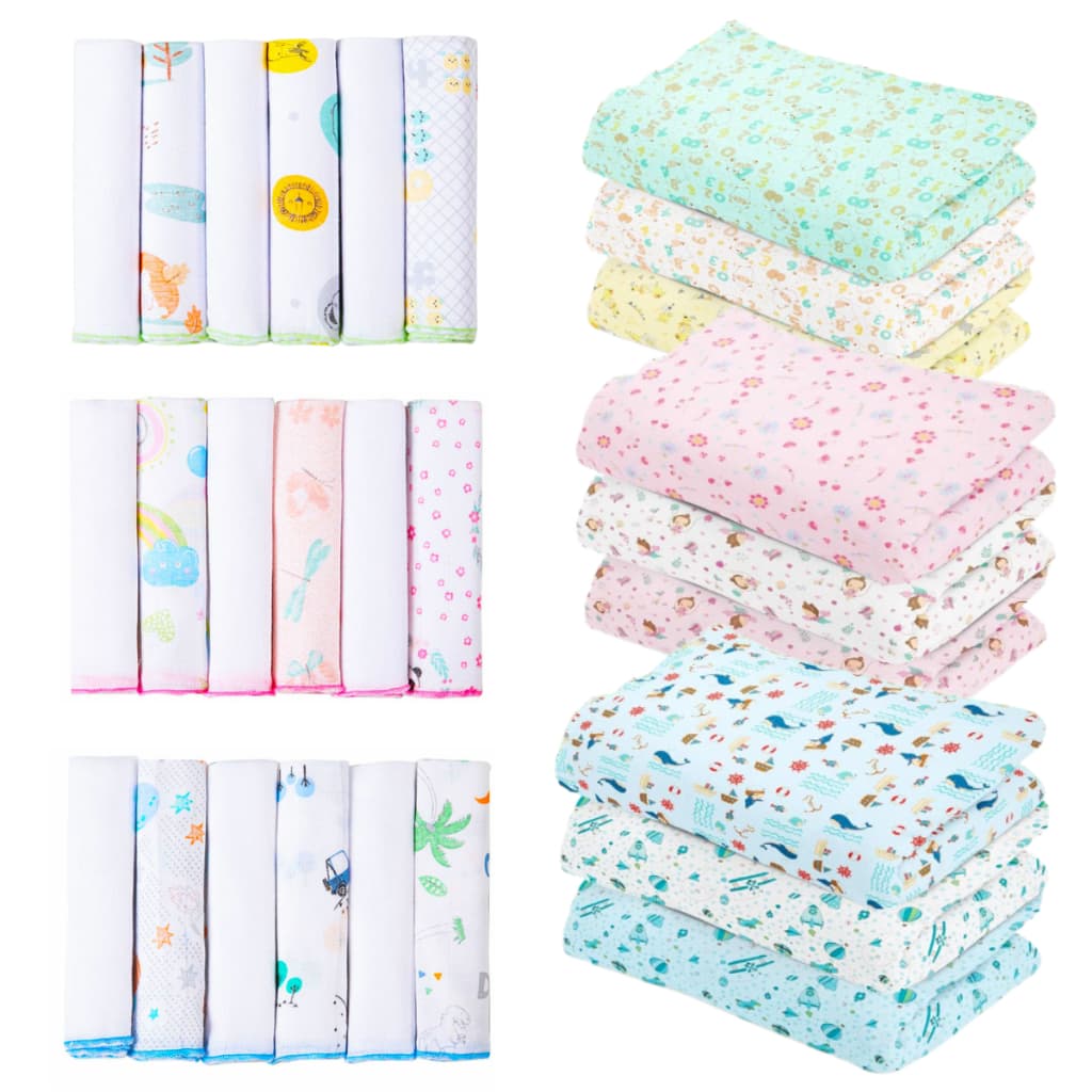 Kit 9 Peças Enxoval Bebe - 3 Cueiros Flanelados Estampados + 6 Paninho de boca 100% algodão