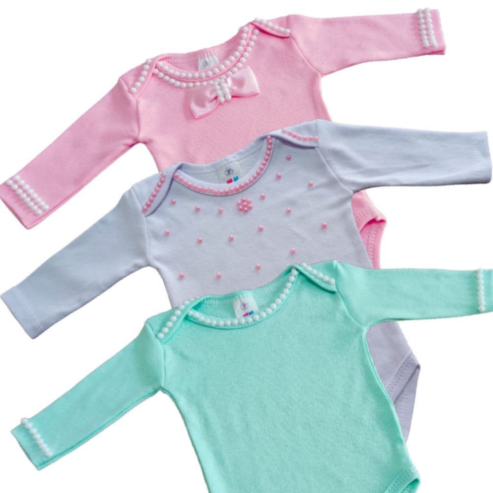 Kit 3 Body Bebê Menina Manga Longa 100% Algodão com Pérolas | Enxoval Recém-Nascida