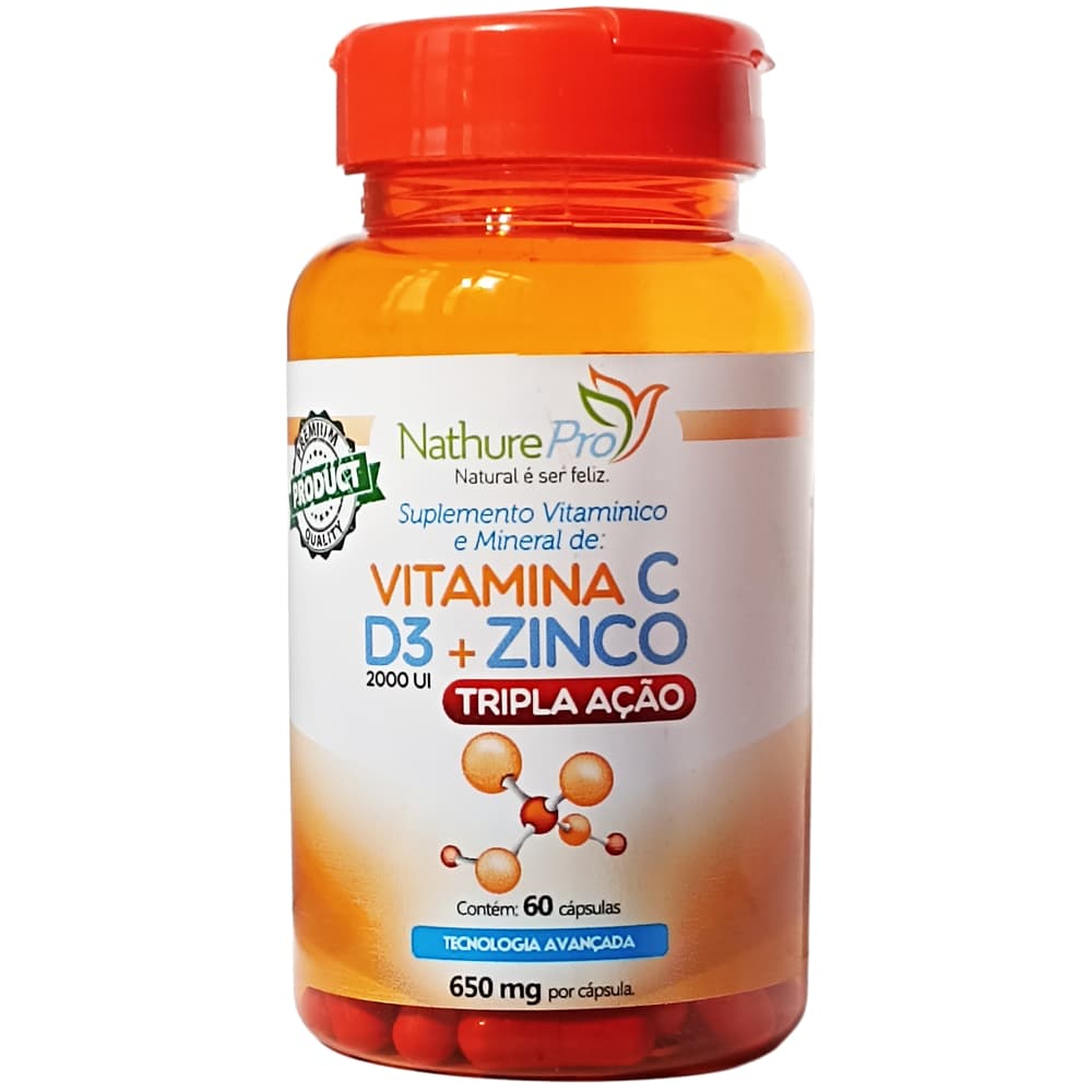 Vitamina C + D3 + Zinco (Tripla Ação) 60 Cápsulas 650mg - PRONTA ENTREGA!!