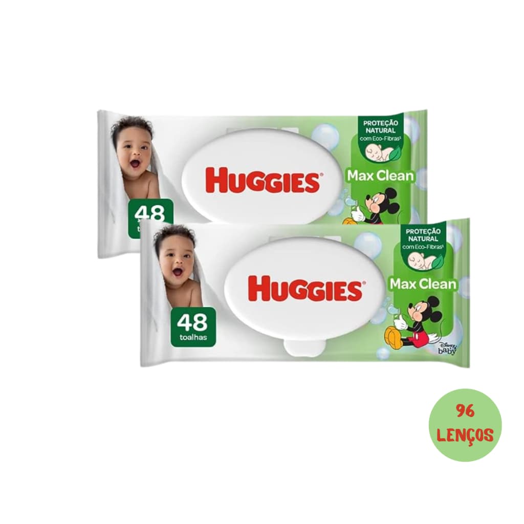 Kit 02 Pcts Lenços Toalhas Umedecidas Infantil Disney Baby Huggies Max Clean | 96 Unidades