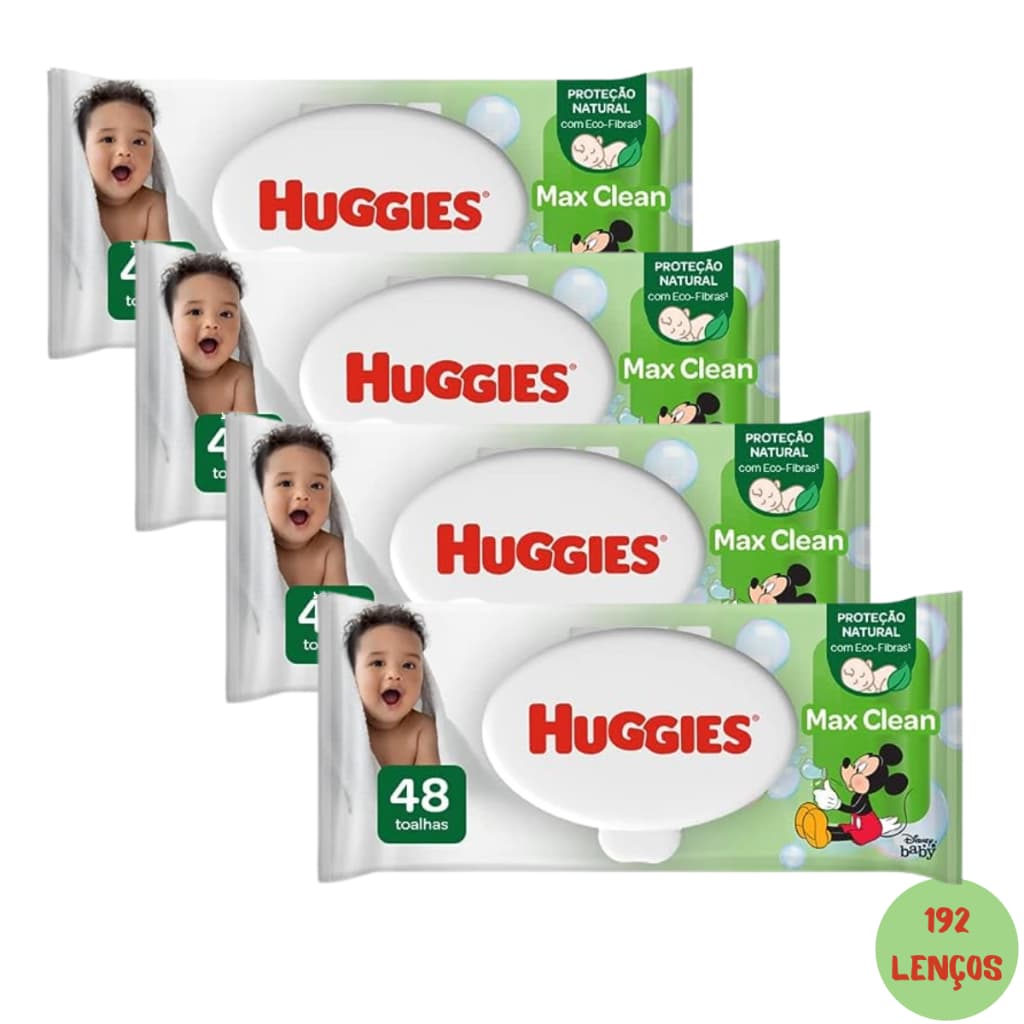 Kit 04 Pcts Lenços Toalhas Umedecidas Infantil Disney Baby Huggies Max Clean | 192 unidades