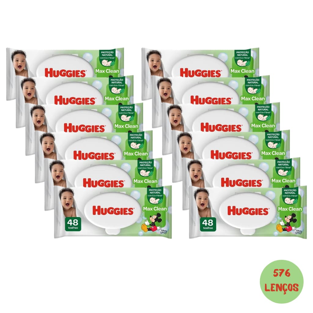 Kit 12 Pcts Lenços Toalhas Umedecidas Infantil Disney Baby Huggies Max Clean | 576 Unidades