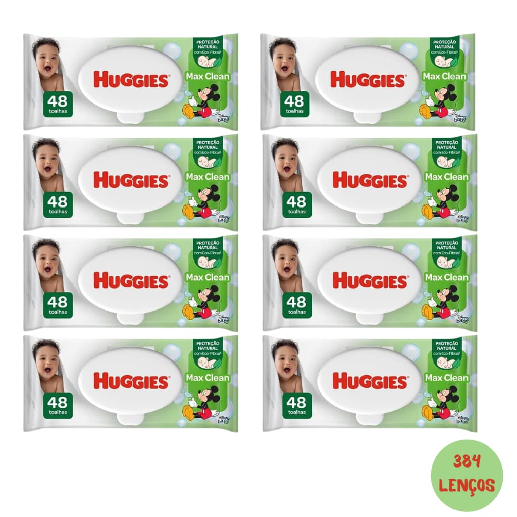 Kit 08 Pcts Lenços Toalhas Umedecidas Infantil Disney Baby Huggies Max Clean | 384 unidades