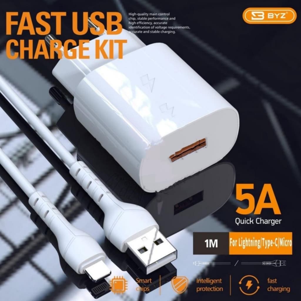 Kit Carregador  com cabo 5A Rapido USB Otima qualidade branco tipo C BYZ DAY-2002 1M Carregamento rapido
