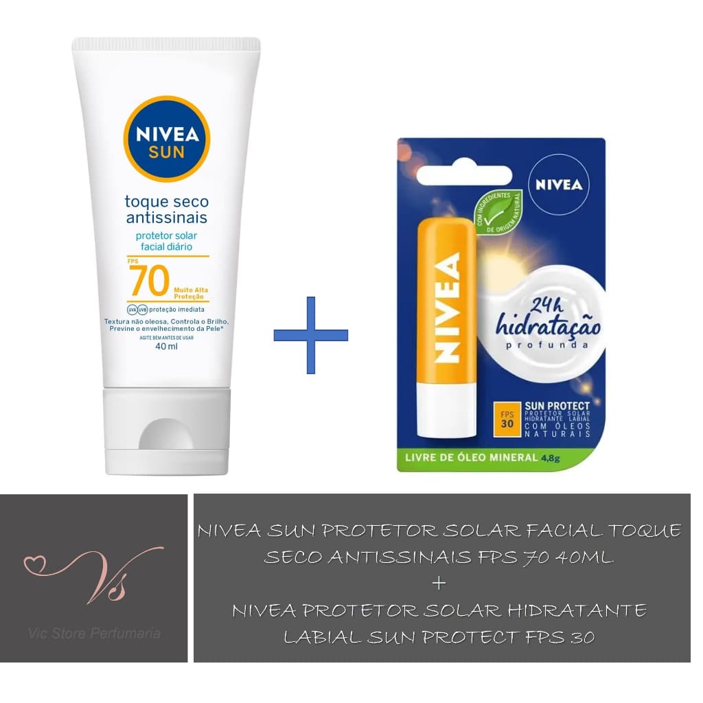 Nivea Sun Protetor Solar Facial Toque Seco Antissinais Fps 70 40ml + Nivea Protetor Solar Hidratante Labial Sun Protect Fps 30 48g