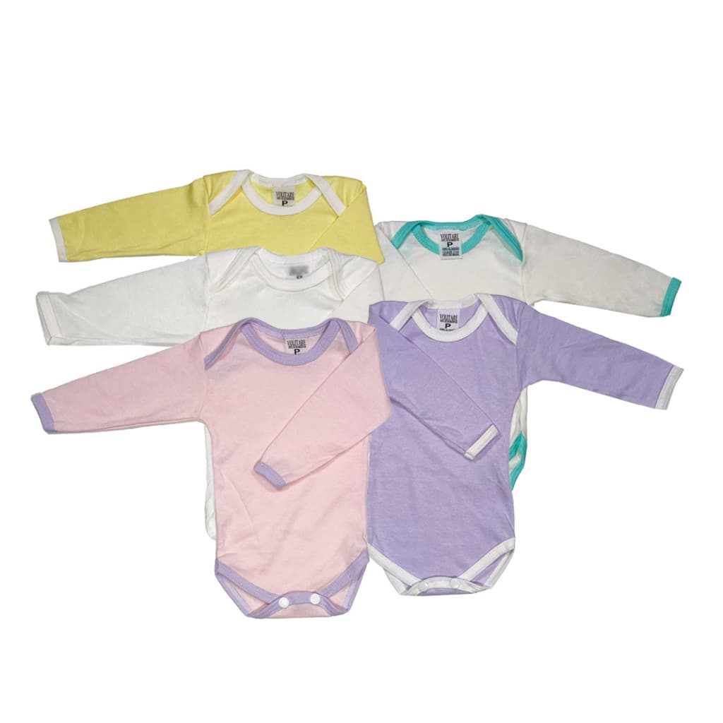 Kit 5 Body de Bebê Manga Longa Algodão Malha Liso Enxoval Maternidade