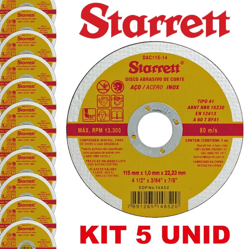 Kit 05 Disco corte Inox starret 4.1/2”X1,0mm - 05 UNIDADES