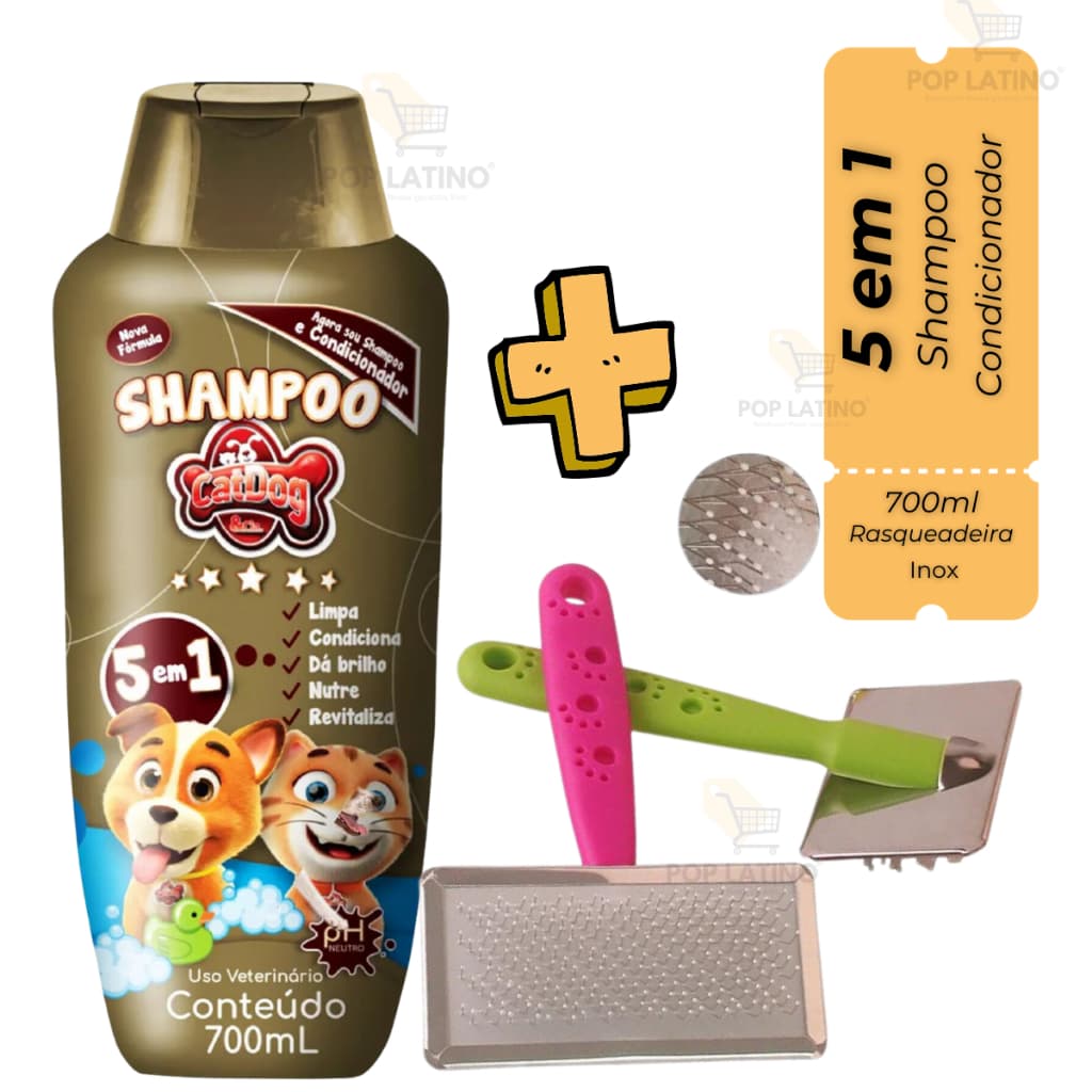 Shampoo e Condicionador para Cachorro e gato Coelho Pet 700ml 5 em 1 + Rasqueadeira Top Pet shop