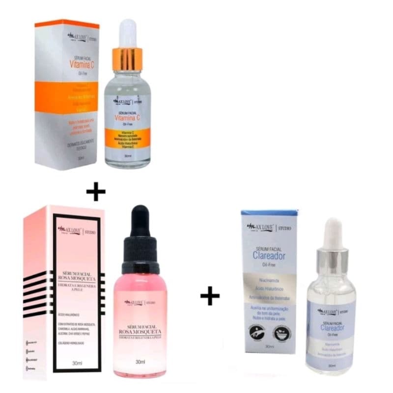 kit com 03 sérum  facial rosa mosqueta + vitamina C + clareador love