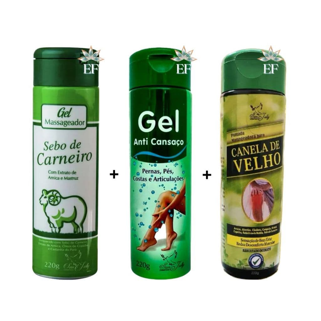 KIT 3 Unidades Gel Massag SEBO DE CARNEIRO 220g + Gel ANTI CANSAÇO 220g + Pomada Massag CANELA DE VELHO 220g SAN JULLY