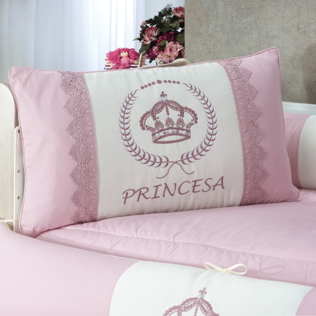 KIT ENXOVAL PARA BERÇO BEBÊ ROSÊ BORDADO COROA 404 COM BABADO BERÇO