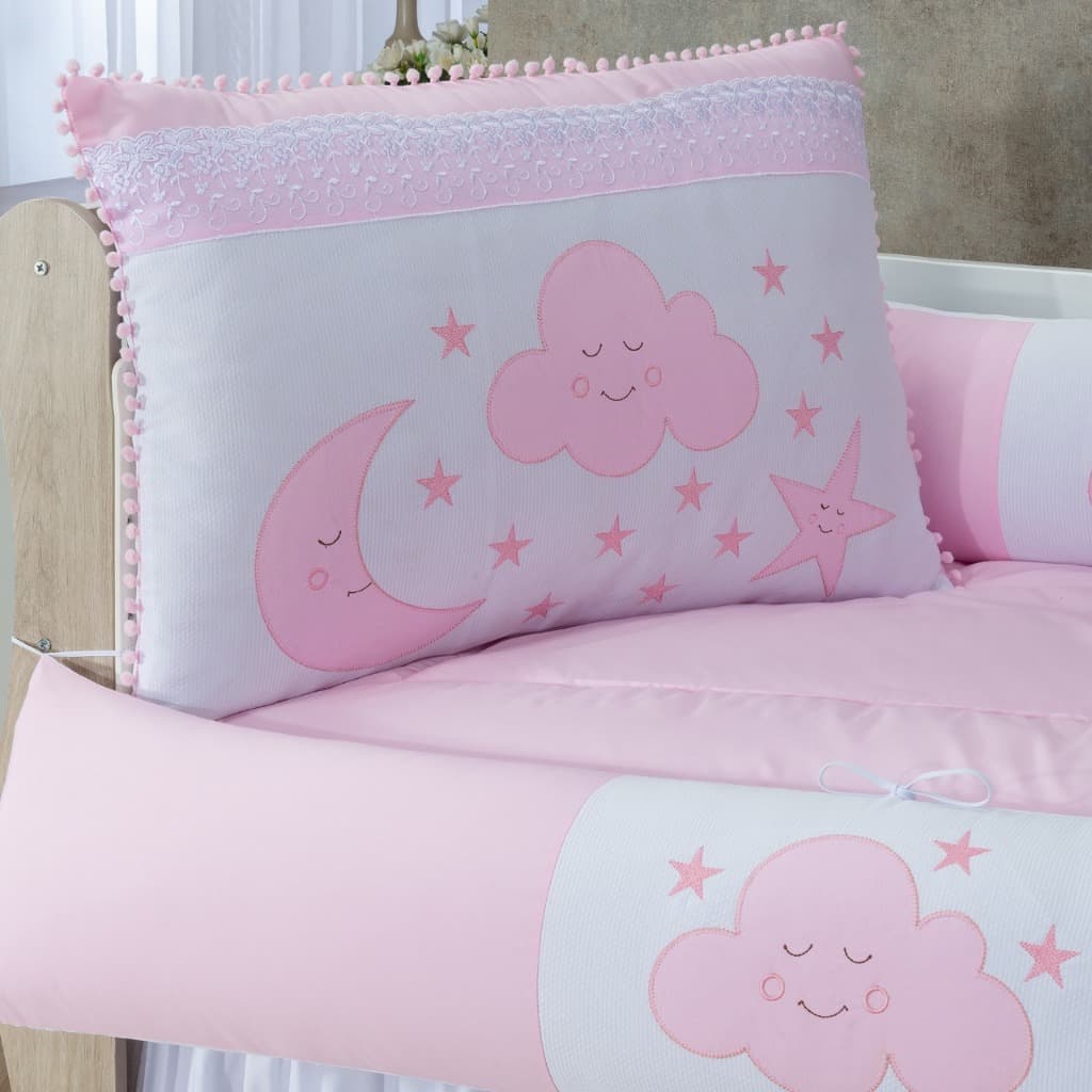 KIT ENXOVAL PARA BERÇO BEBÊ ESTRELA E LUA ROSA 406 COM BABADO BERÇO